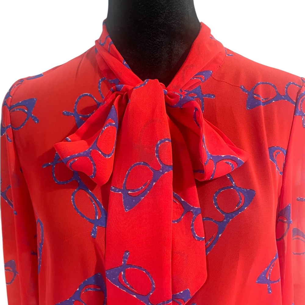 Retro Red,blue eye glasses print, sheer,button down neck bow tie blouse, small - Picture 7 of 8